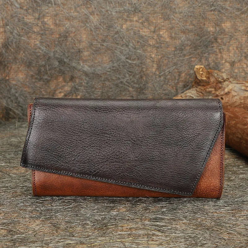 Green Womens Geometry Leather Trifold Long Wallet Vintage Clutch Wallet for Ladies
