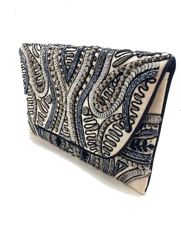 Grey and Navy Beaded Handbag
