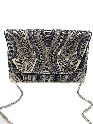 Grey and Navy Beaded Handbag