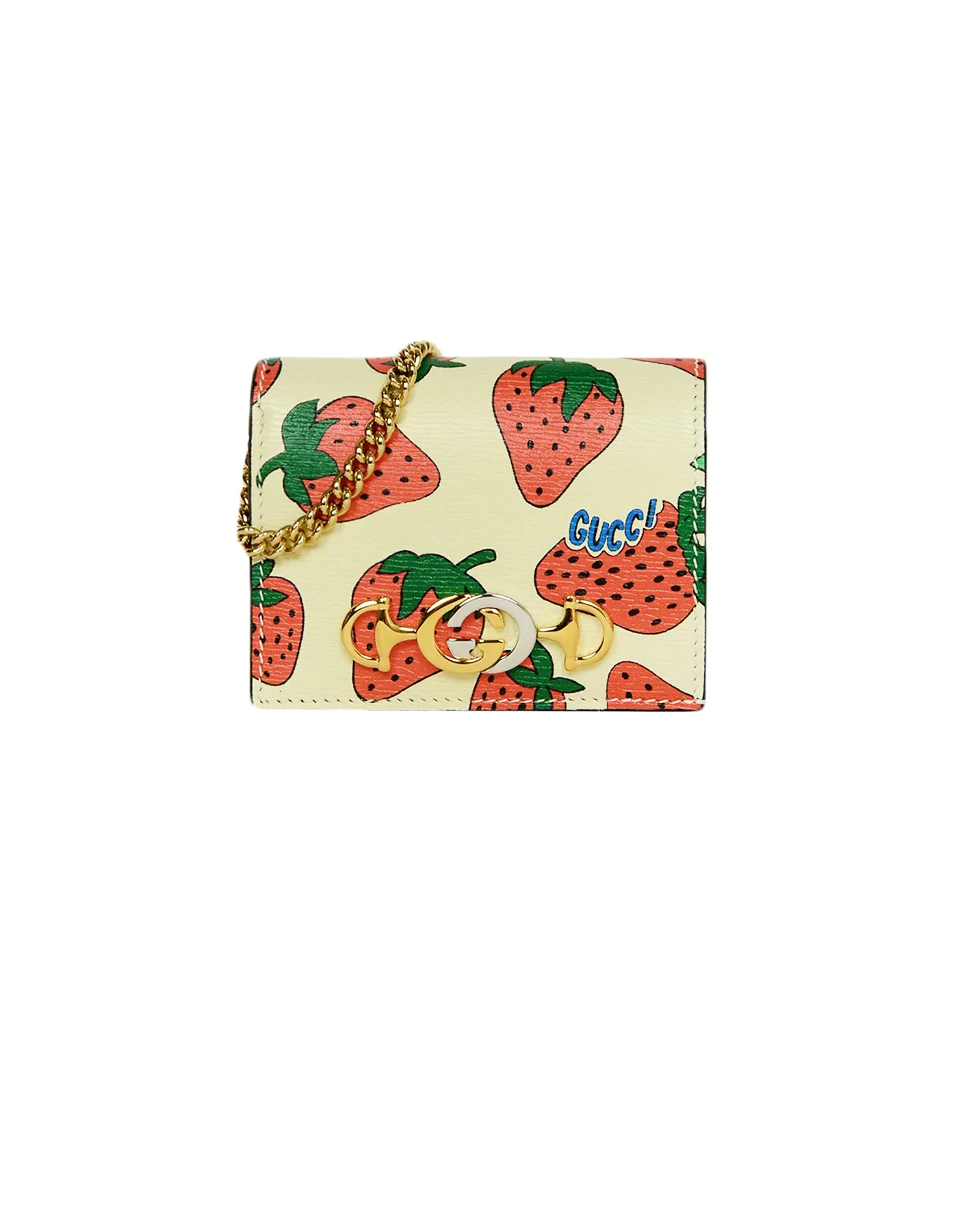 Gucci NEW Zumi Strawberry Print Card Case Wallet w. Chain