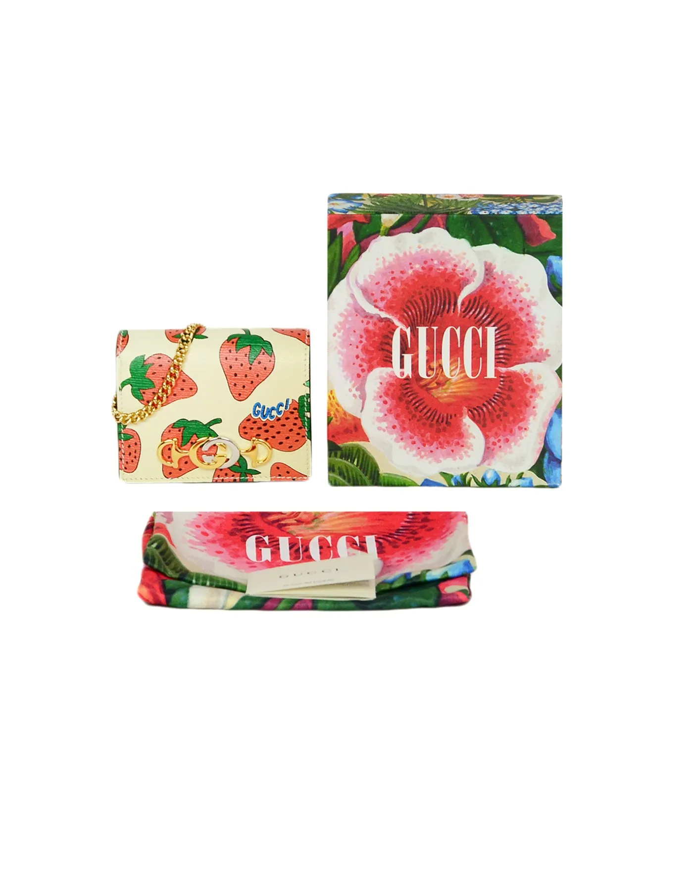 Gucci NEW Zumi Strawberry Print Card Case Wallet w. Chain