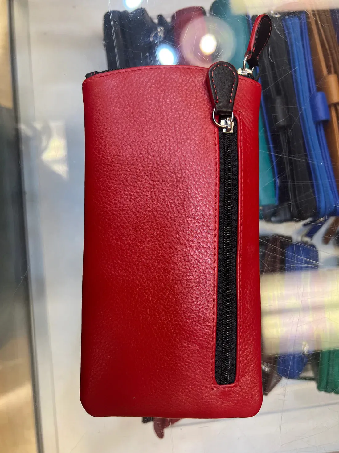 ILI New York Leather Eyeglass Case Zippered Glasses Frame Wallet Red Black NEW