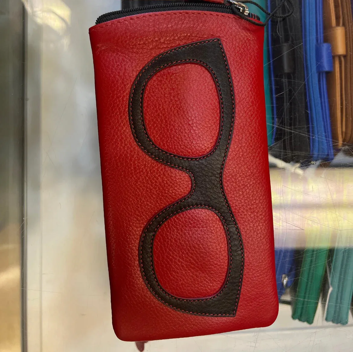 ILI New York Leather Eyeglass Case Zippered Glasses Frame Wallet Red Black NEW