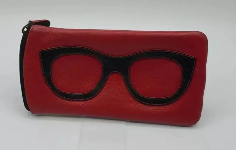 ILI New York Leather Eyeglass Case Zippered Glasses Frame Wallet Red Black NEW