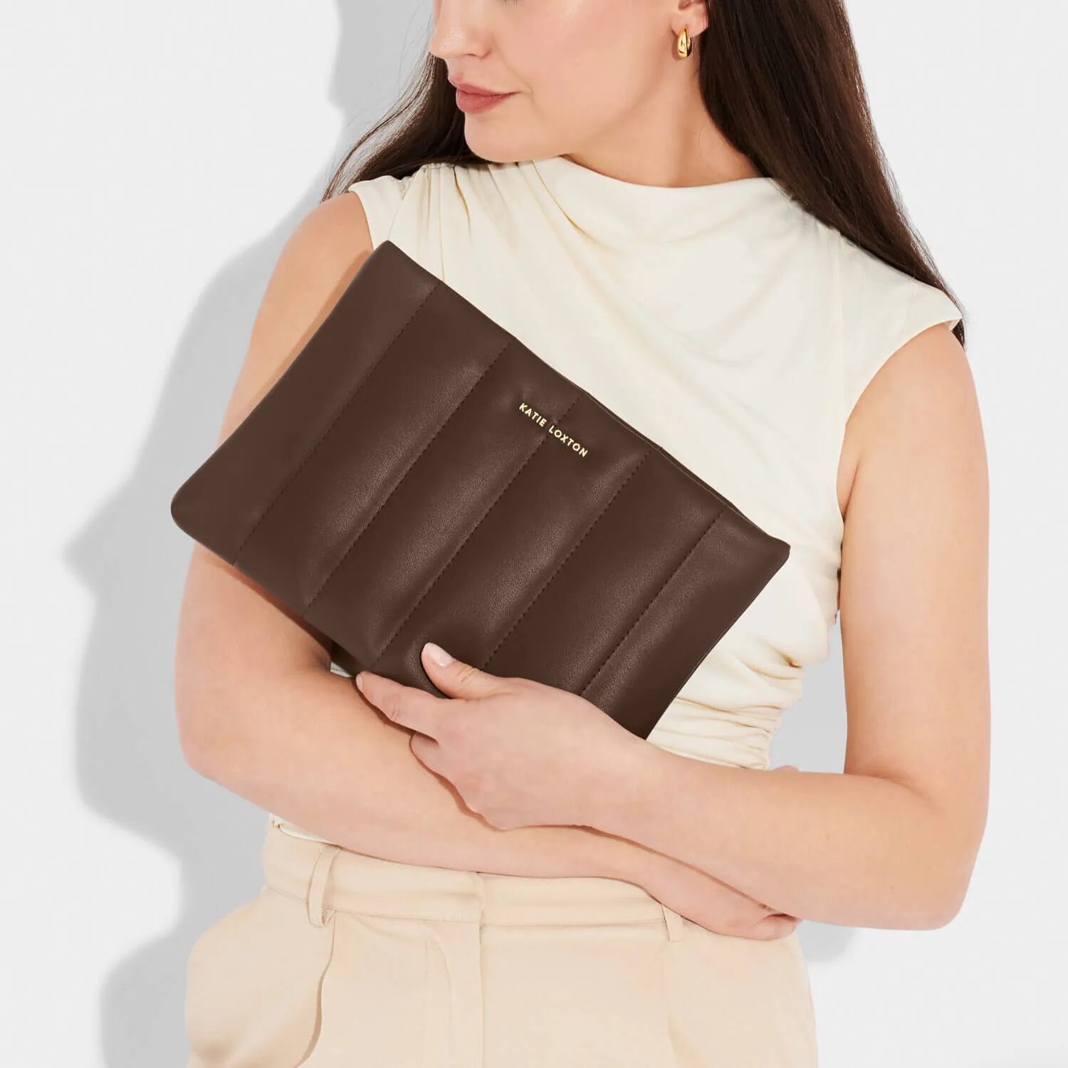Katie Loxton Kendra Quilted Clutch Bag - Dark Chocolate
