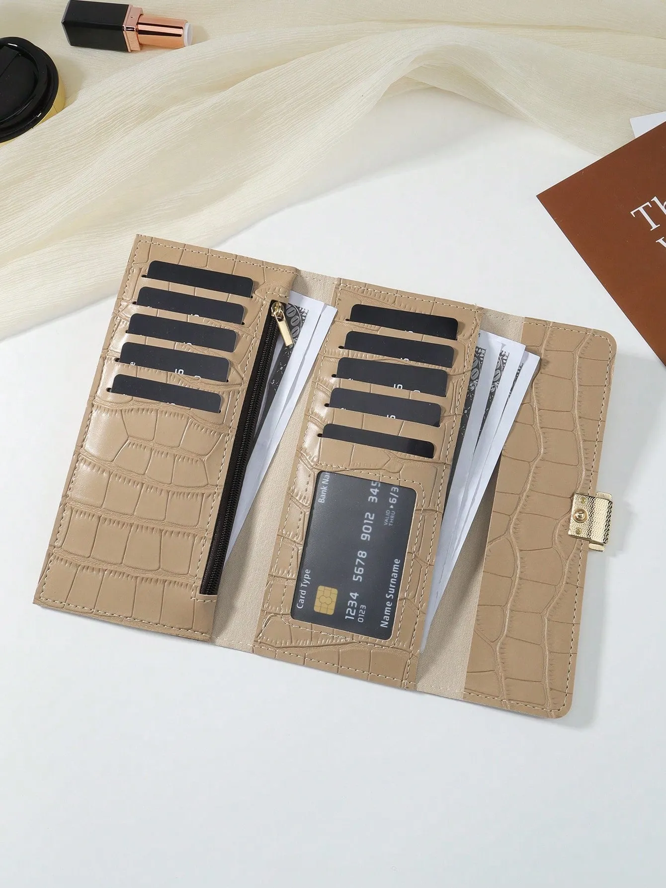 Khaki Color Crocodile Embossed Fold Over Long Wallet - Khaki