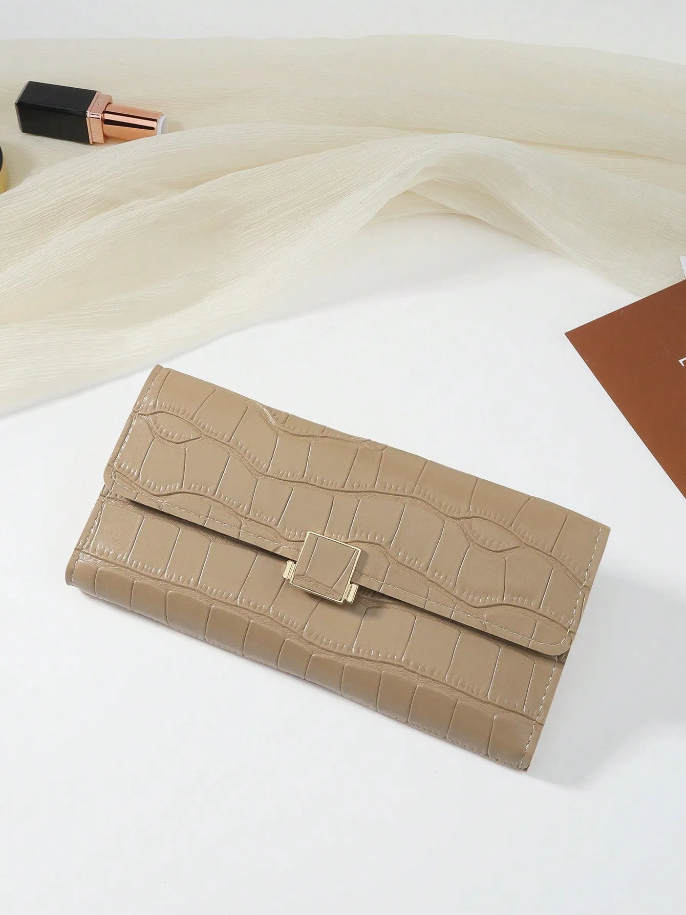 Khaki Color Crocodile Embossed Fold Over Long Wallet - Khaki