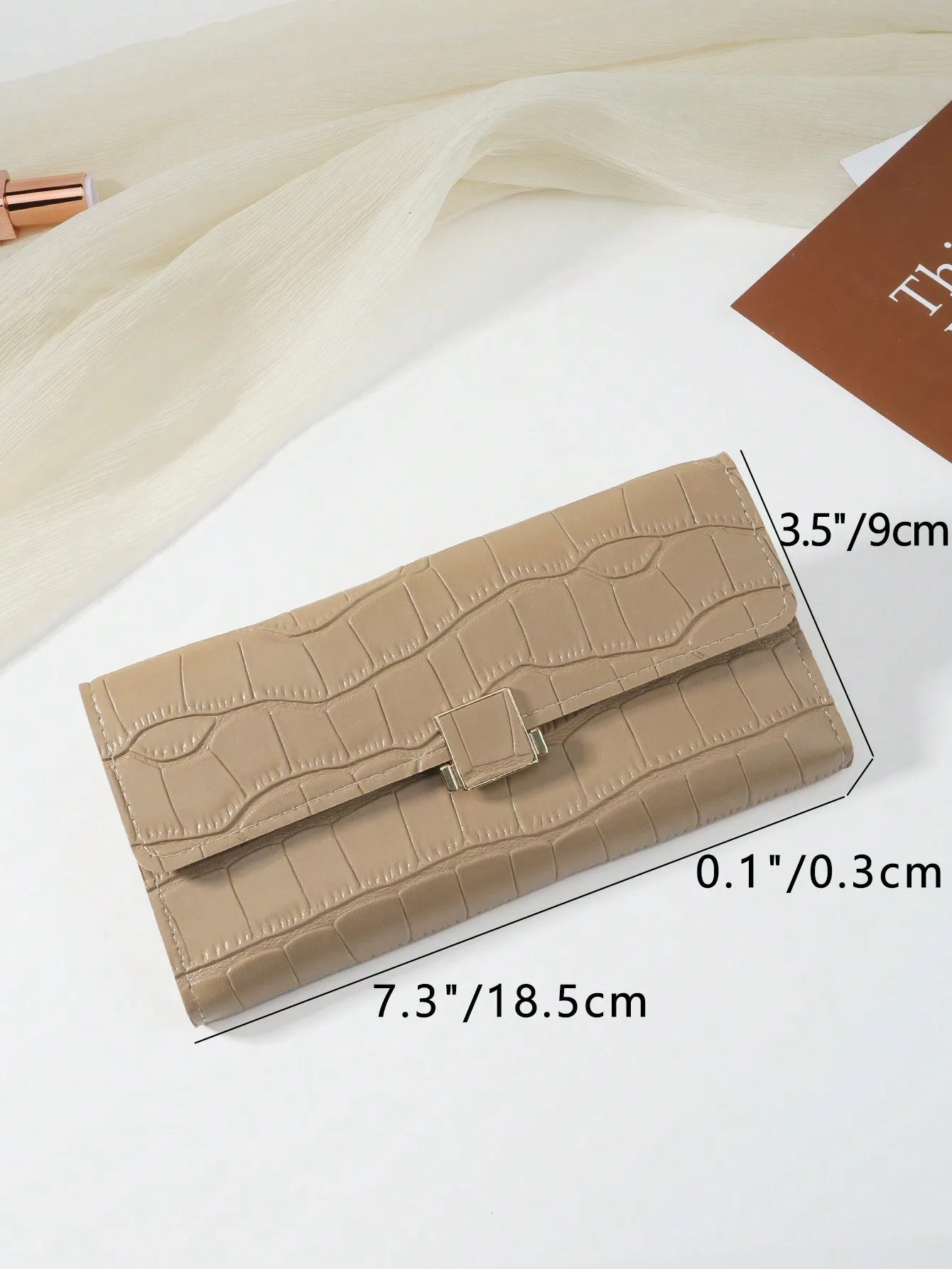 Khaki Color Crocodile Embossed Fold Over Long Wallet - Khaki