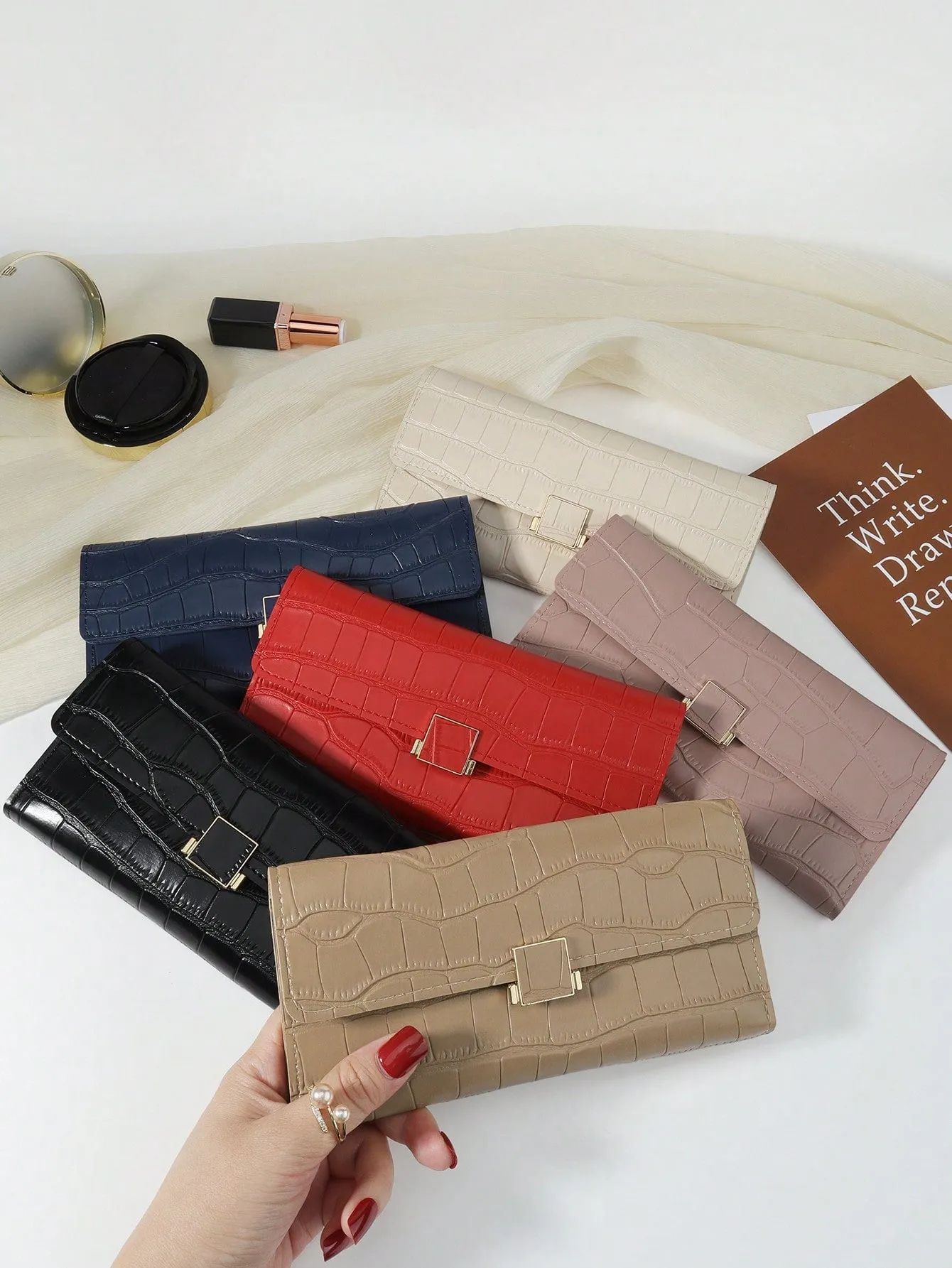 Khaki Color Crocodile Embossed Fold Over Long Wallet - Khaki