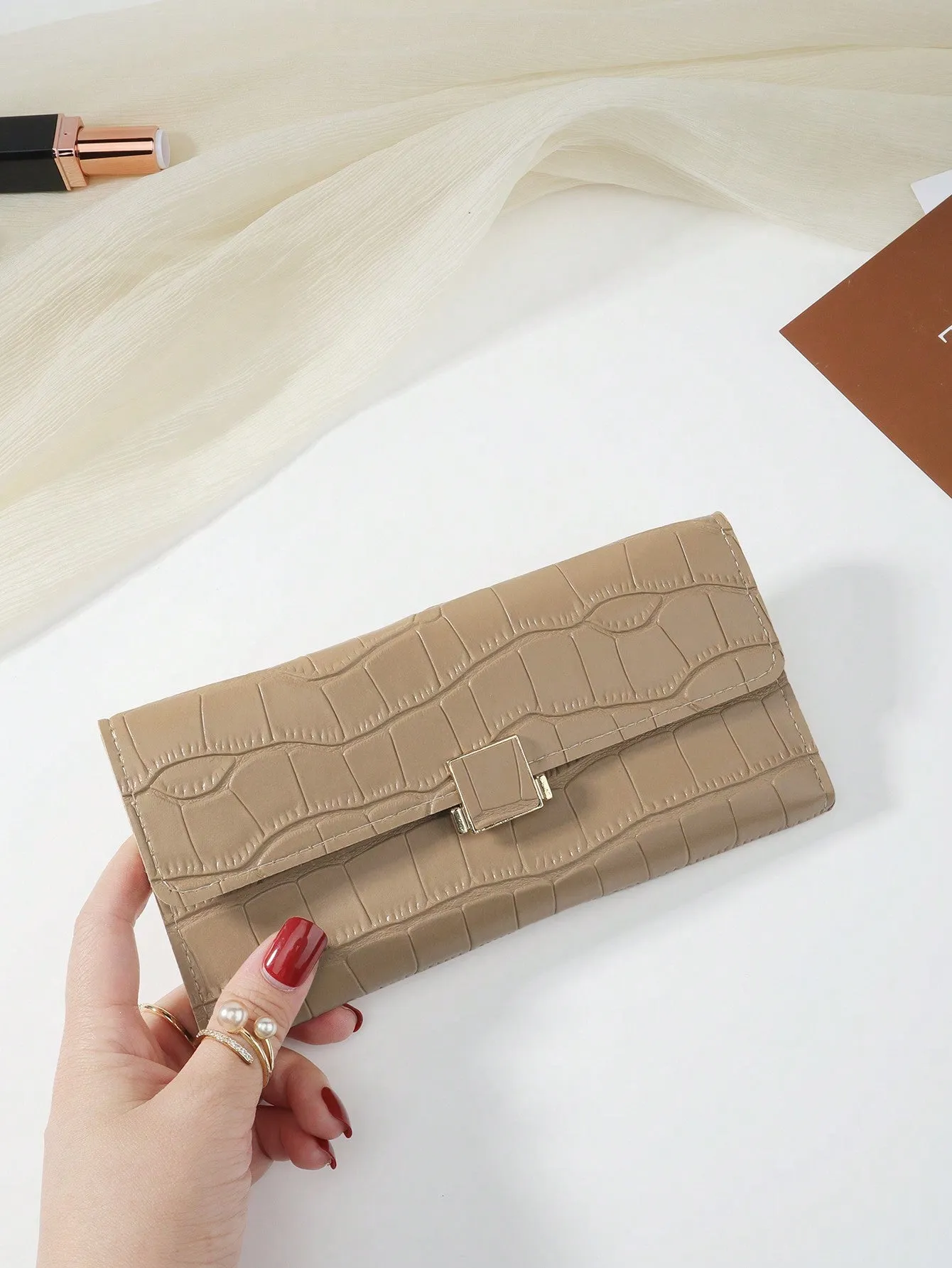 Khaki Color Crocodile Embossed Fold Over Long Wallet - Khaki