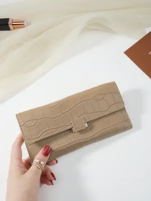 Khaki Color Crocodile Embossed Fold Over Long Wallet - Khaki