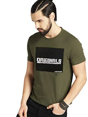 LEOTUDE Regular Fit Cotton Blend Printed Men's T-Shirt (Olive Color, Size: XL)