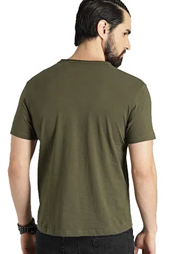 LEOTUDE Regular Fit Cotton Blend Printed Men's T-Shirt (Olive Color, Size: XL)