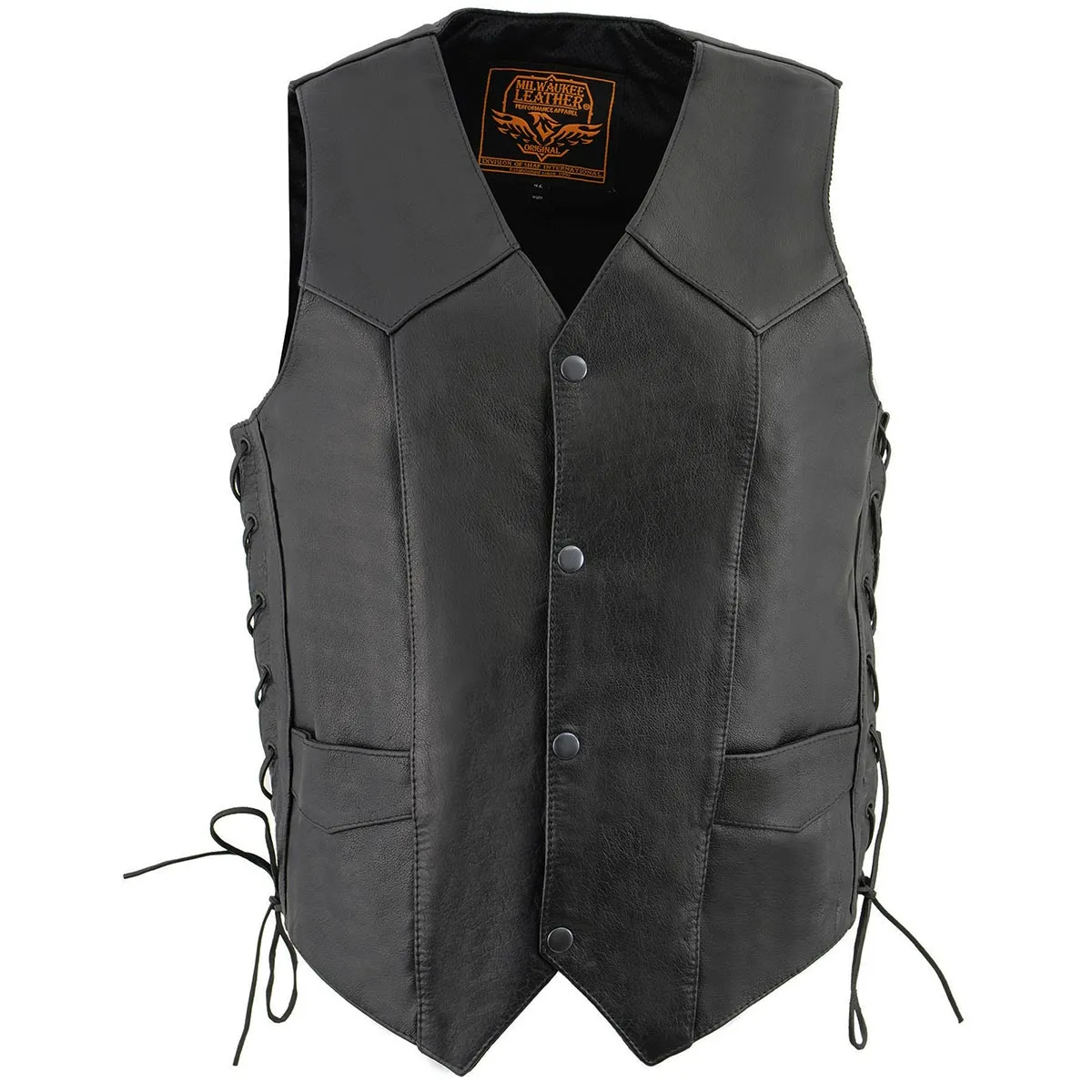 LKM3731 Side Lace Men's Black Leather Classic Side Lace V-Neck Motorcycle Rider Vest w/ Front Snap Closure