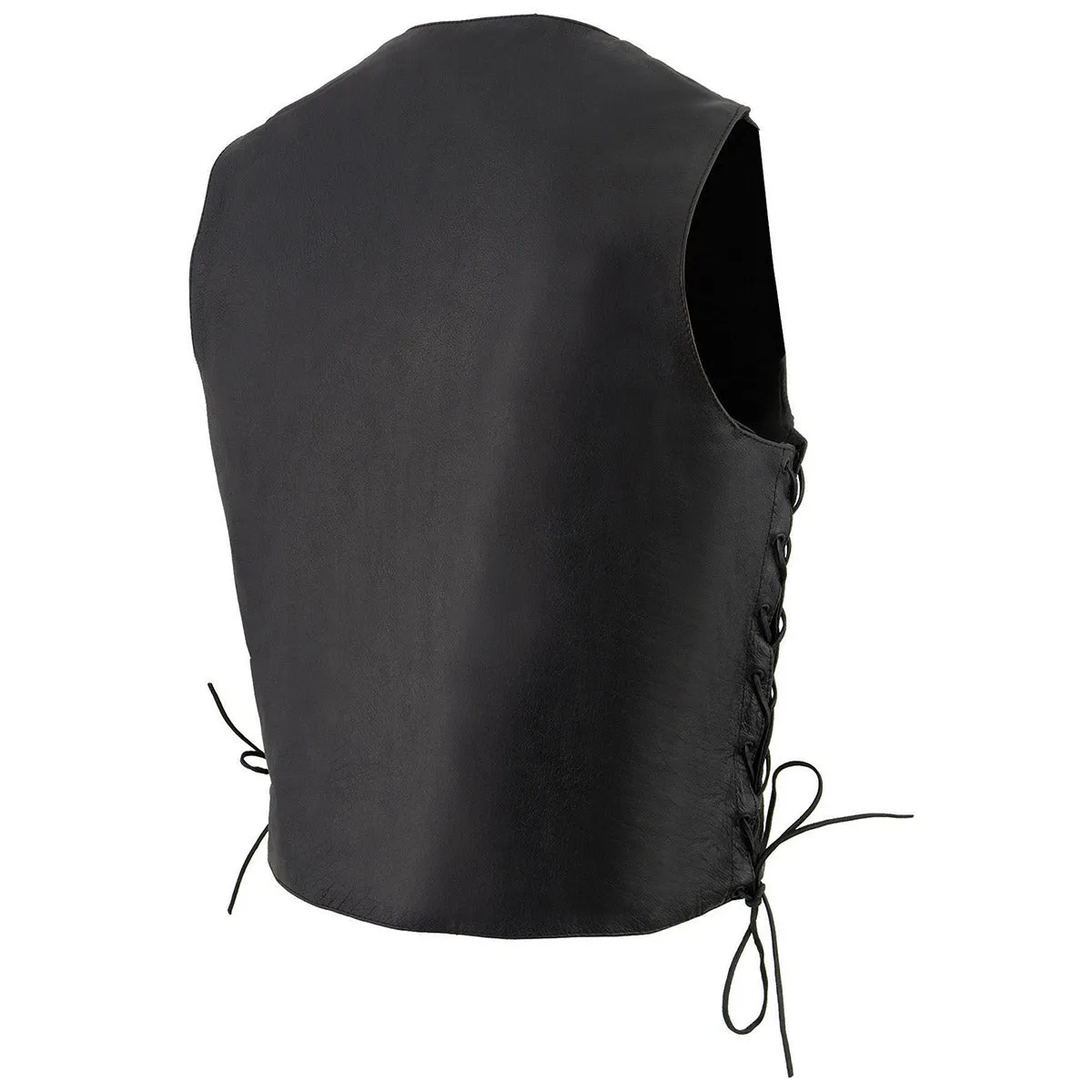 LKM3731 Side Lace Men's Black Leather Classic Side Lace V-Neck Motorcycle Rider Vest w/ Front Snap Closure