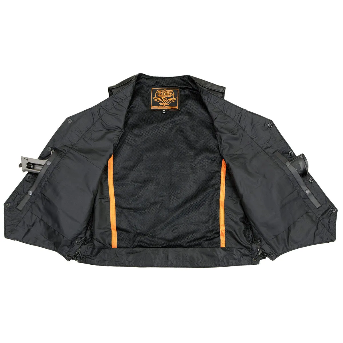 LKM3731 Side Lace Men's Black Leather Classic Side Lace V-Neck Motorcycle Rider Vest w/ Front Snap Closure