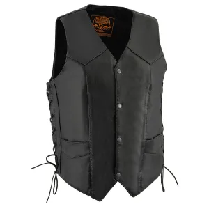 LKM3731 Side Lace Men's Black Leather Classic Side Lace V-Neck Motorcycle Rider Vest w/ Front Snap Closure