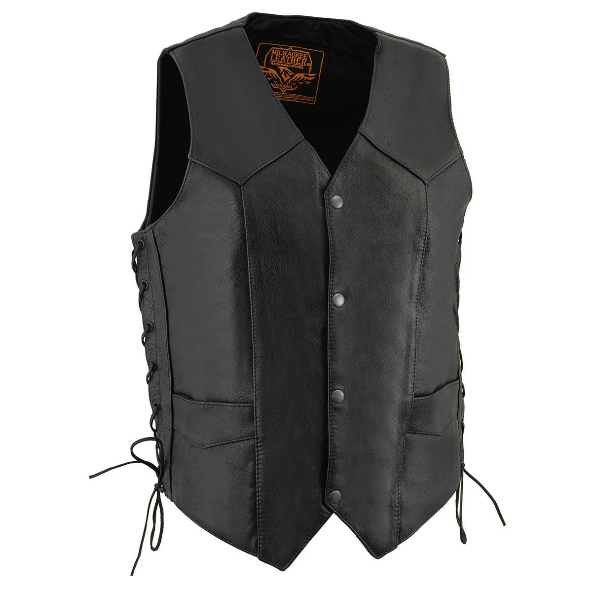 LKM3731 Side Lace Men's Black Leather Classic Side Lace V-Neck Motorcycle Rider Vest w/ Front Snap Closure