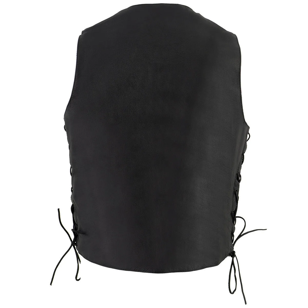 LKM3731 Side Lace Men's Black Leather Classic Side Lace V-Neck Motorcycle Rider Vest w/ Front Snap Closure