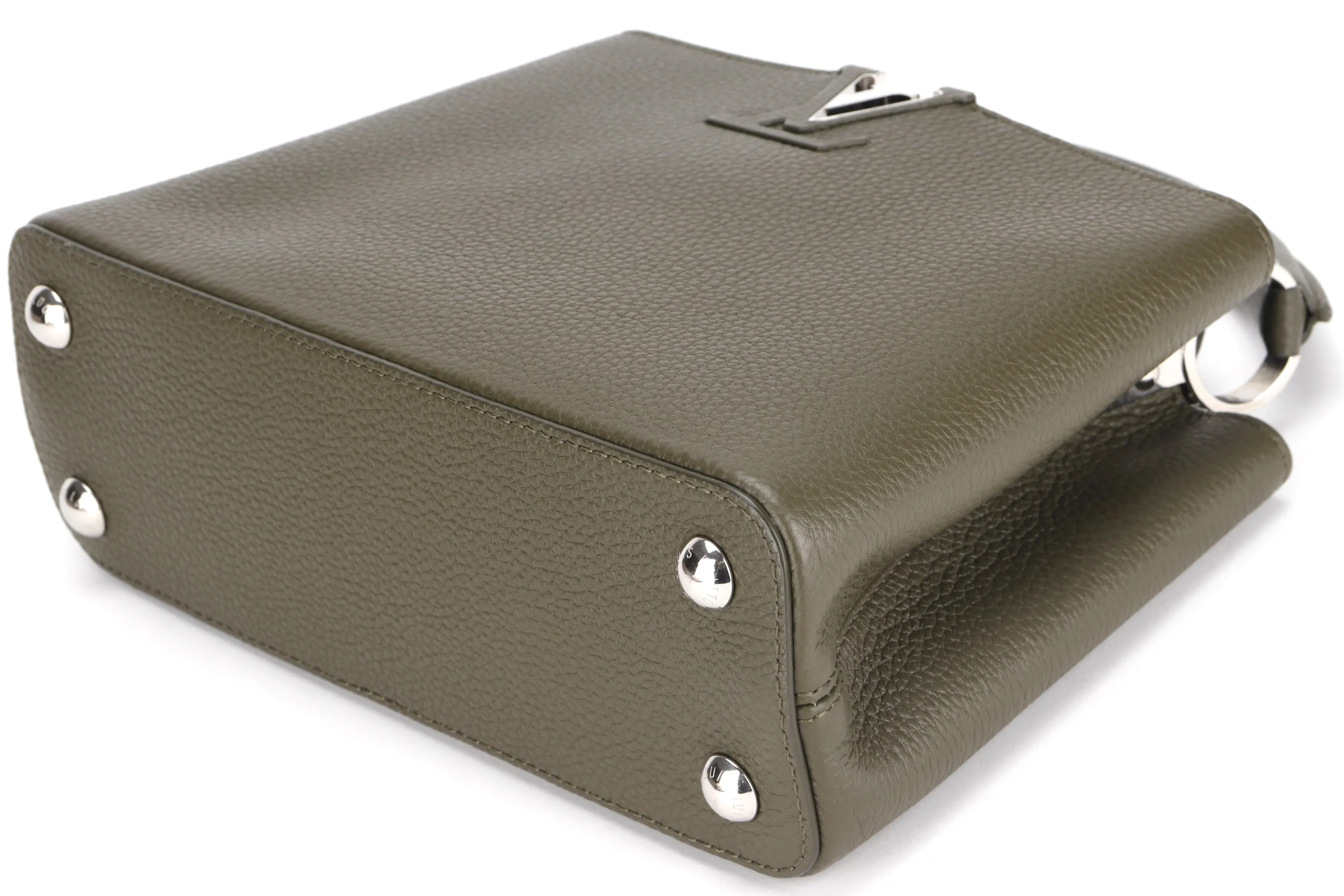 LOUIS VUITTON M57227 CAPUCINES BB, KHAKI COLOR TAURILLON LEATHER SILVER HARDWARE, WITH STRAP & DUST COVER