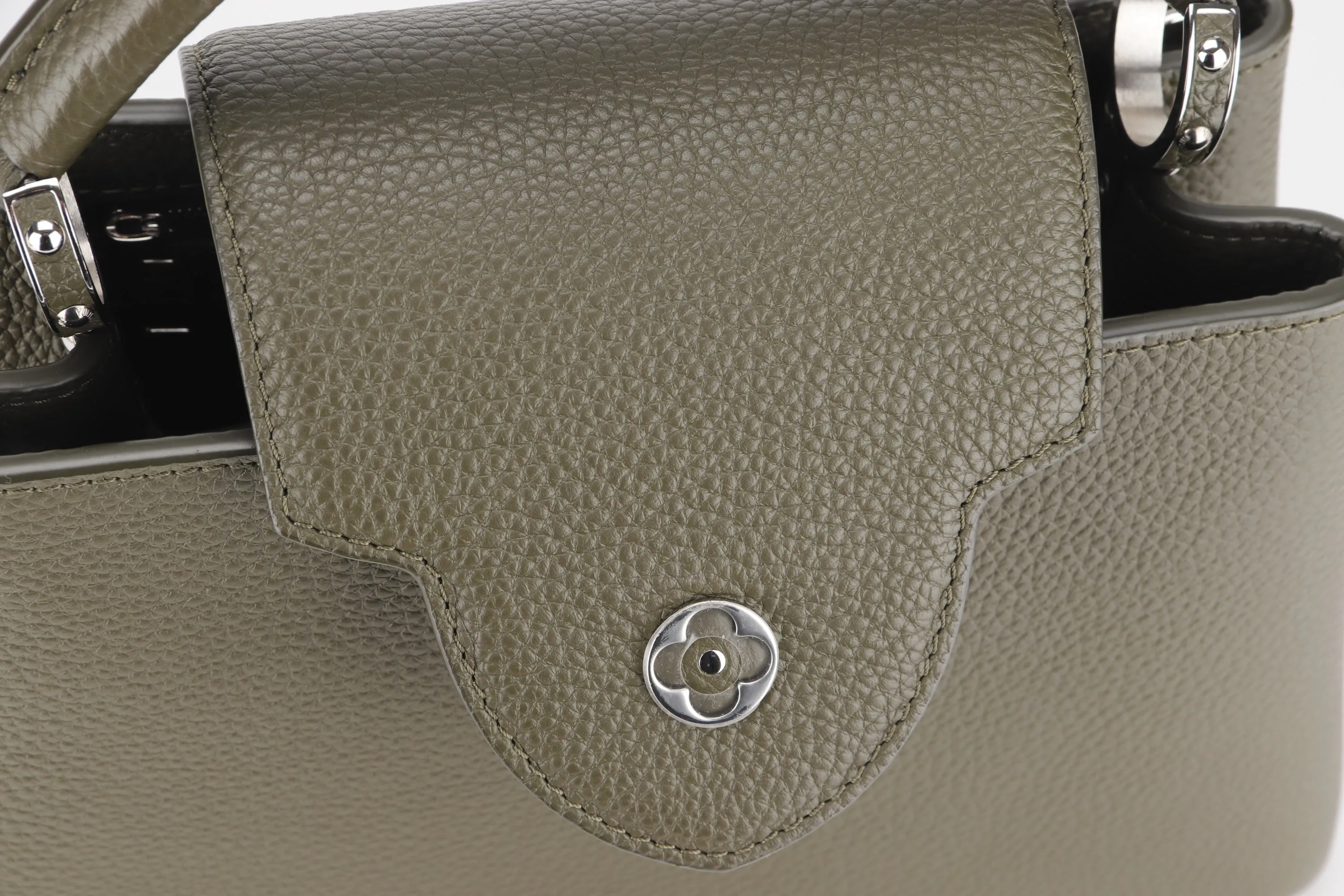 LOUIS VUITTON M57227 CAPUCINES BB, KHAKI COLOR TAURILLON LEATHER SILVER HARDWARE, WITH STRAP & DUST COVER