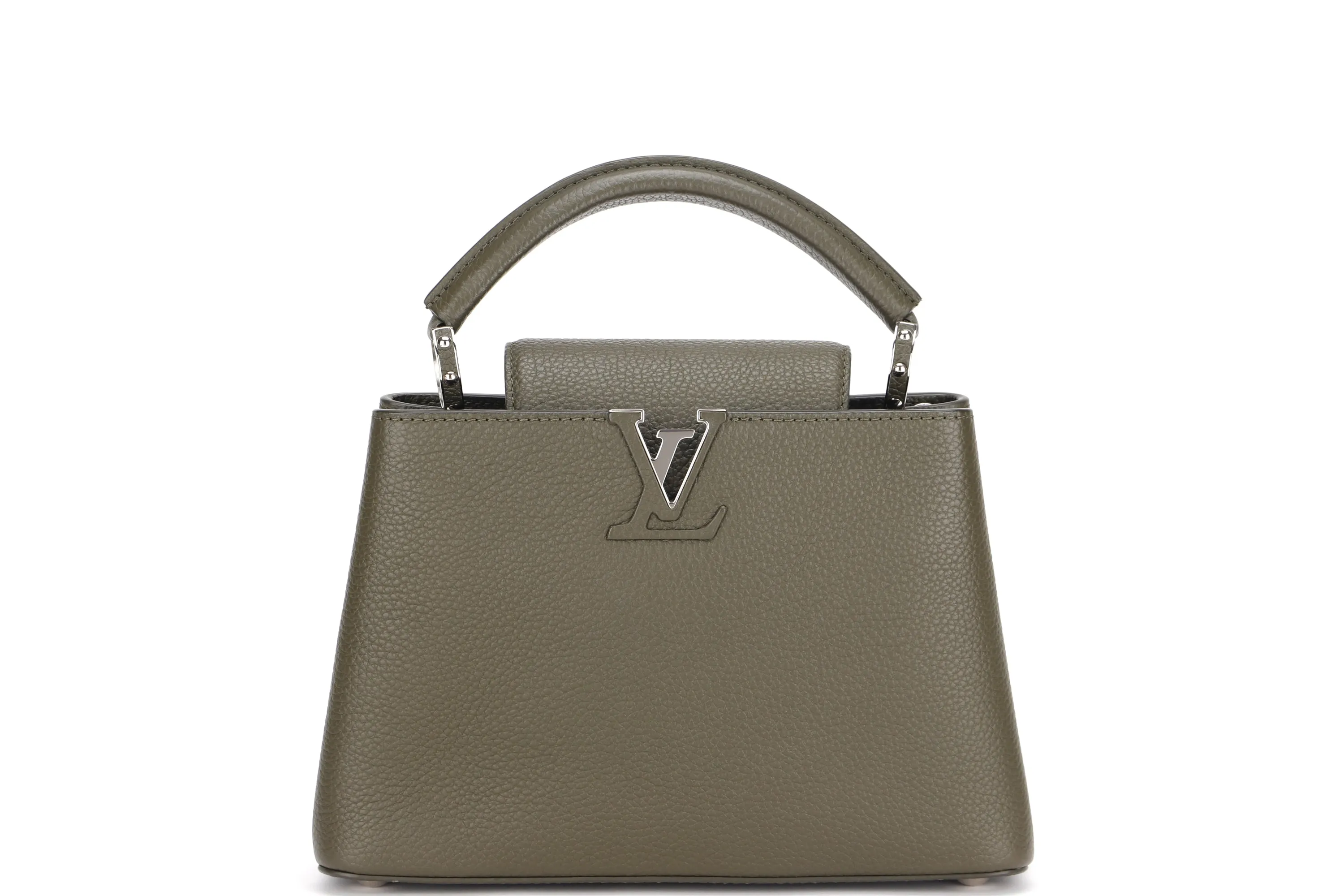 LOUIS VUITTON M57227 CAPUCINES BB, KHAKI COLOR TAURILLON LEATHER SILVER HARDWARE, WITH STRAP & DUST COVER