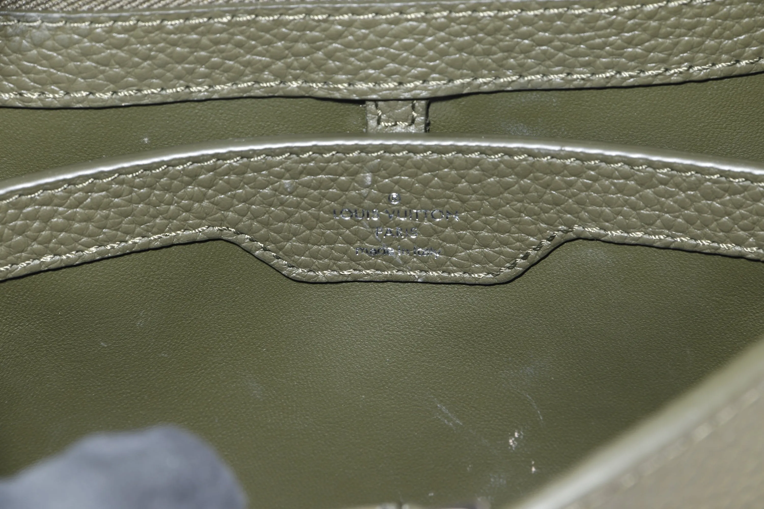 LOUIS VUITTON M57227 CAPUCINES BB, KHAKI COLOR TAURILLON LEATHER SILVER HARDWARE, WITH STRAP & DUST COVER