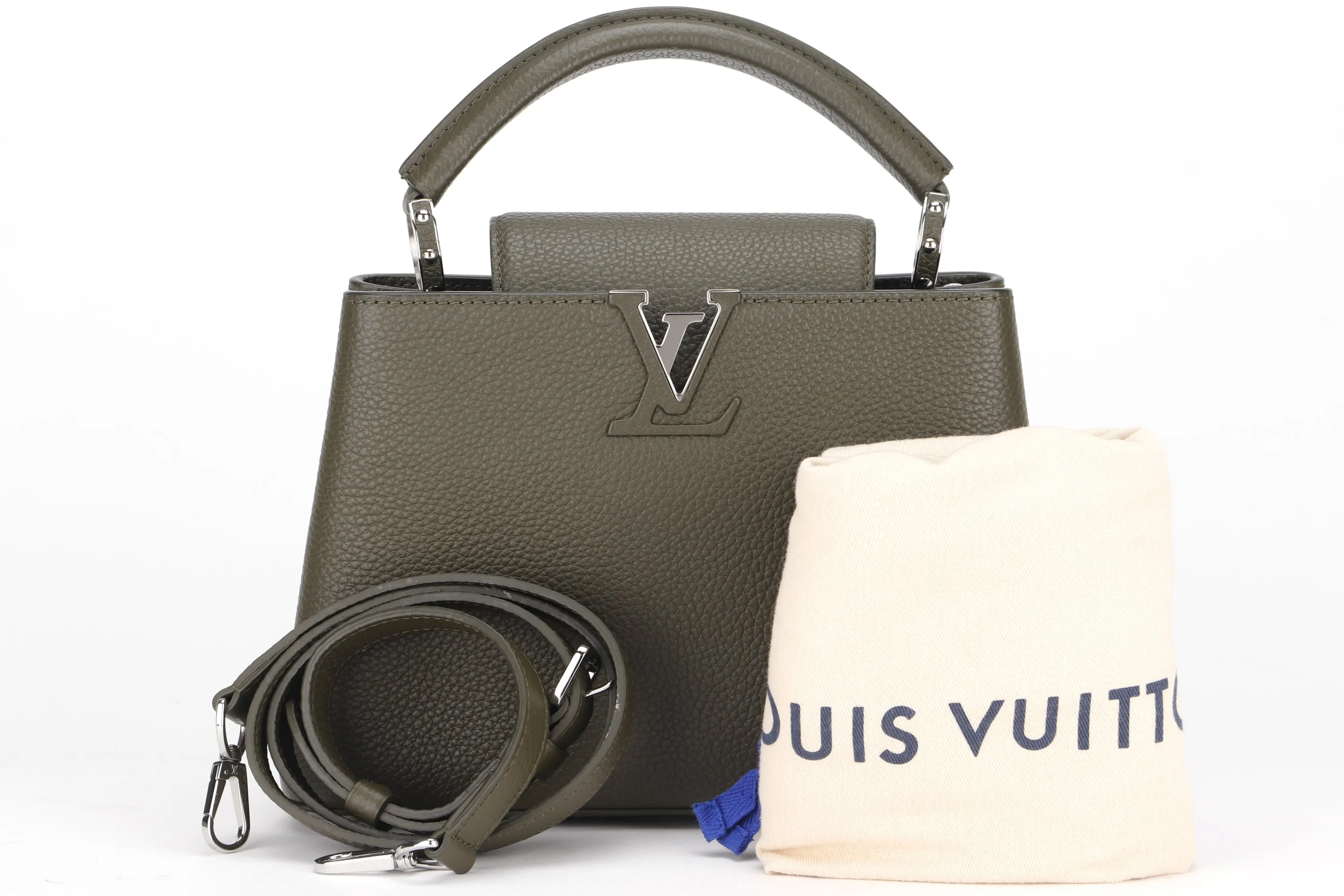LOUIS VUITTON M57227 CAPUCINES BB, KHAKI COLOR TAURILLON LEATHER SILVER HARDWARE, WITH STRAP & DUST COVER
