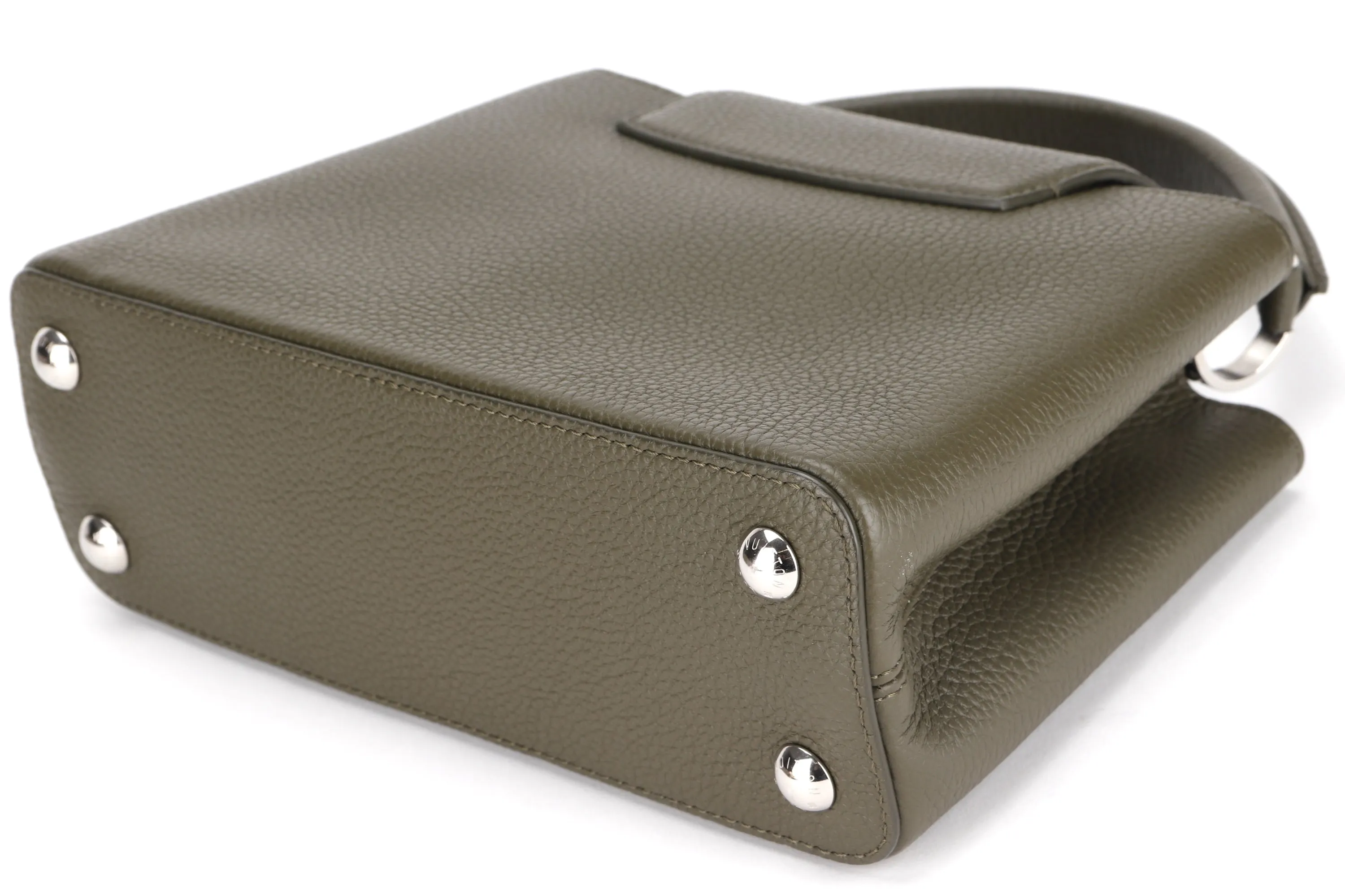 LOUIS VUITTON M57227 CAPUCINES BB, KHAKI COLOR TAURILLON LEATHER SILVER HARDWARE, WITH STRAP & DUST COVER