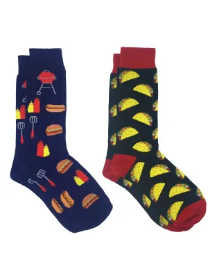 Men's BBQ Hot Dogs Socks & All-Over Taco Food Novelty Dress Socks 2-Pair Set