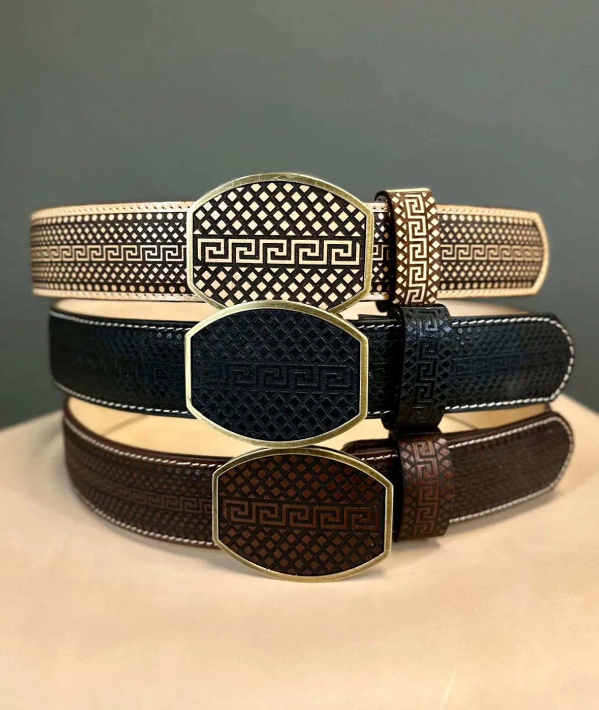 Men's Beige Laser Western Belt