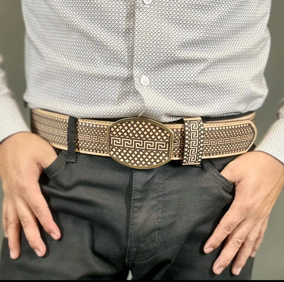 Men's Beige Laser Western Belt