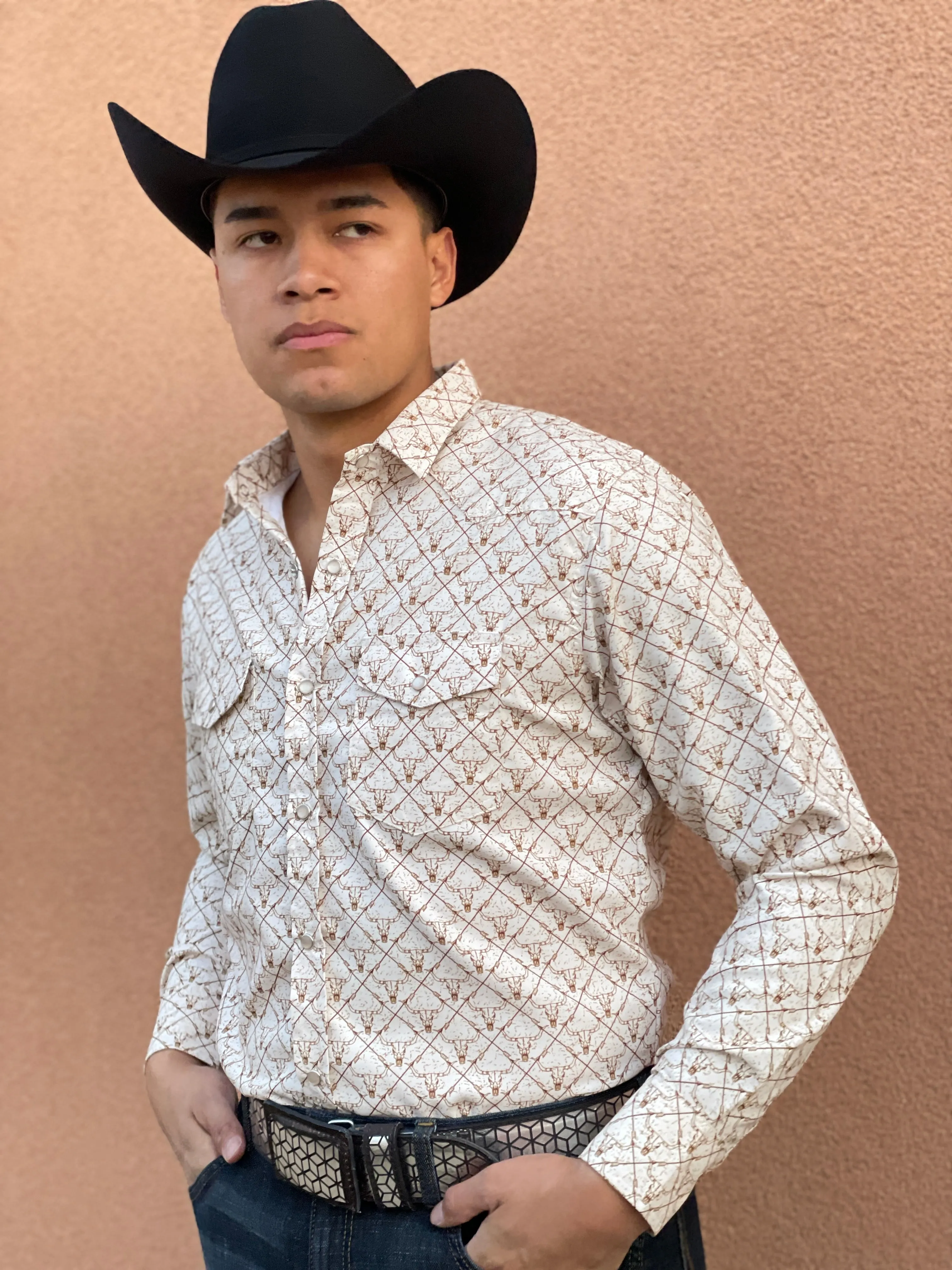Men’s Beige Longhorn Print Shirt