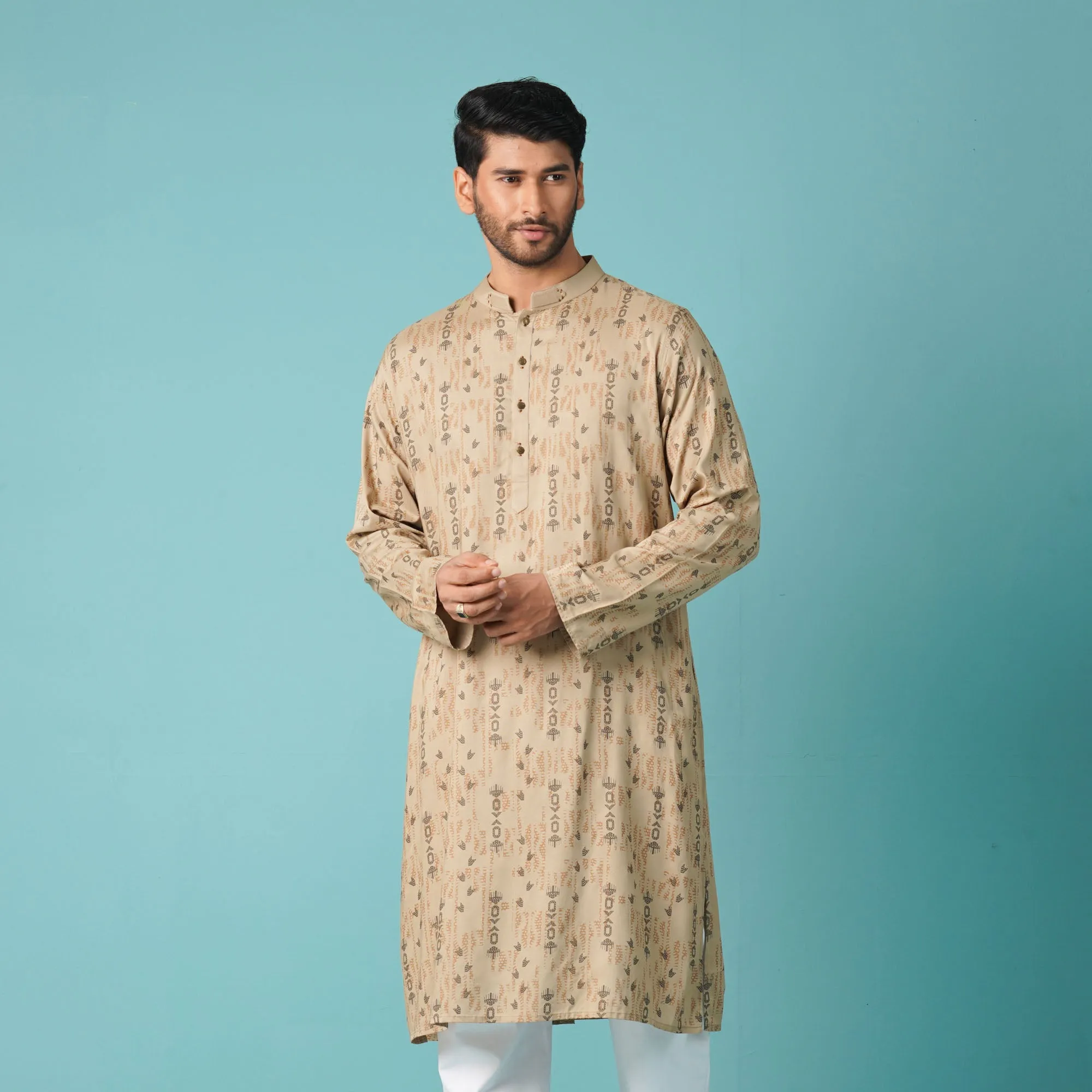 Mens Beige Printed Panjabi