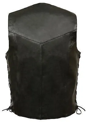 Men's Side lace plain leather vest with 4 total pockets
