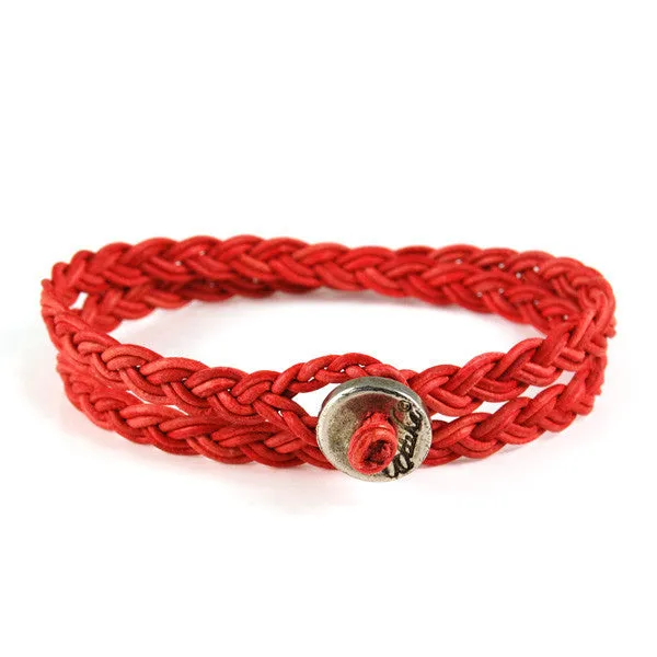 Mens Sunset Red Leather Wrap Bracelet with Silver Button Closure