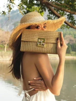 Metal Lock Flap Straw Bag - Khaki