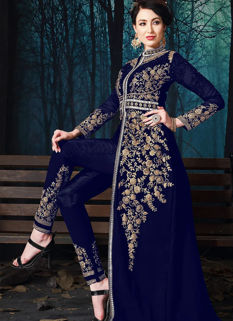 Navy Blue Slit Style Embroidered Anarkali Pant Suit