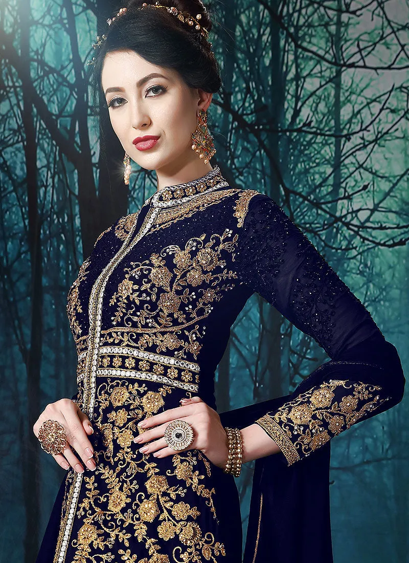 Navy Blue Slit Style Embroidered Anarkali Pant Suit