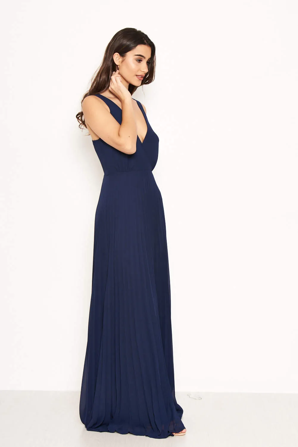 Navy Pleated Maxi Dress With Lace Straps
