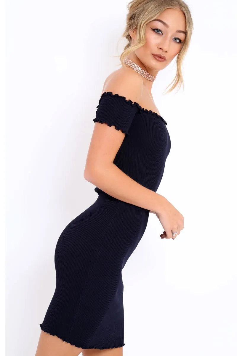 Navy Ribbed Frill Hem Bardot Bodycon Dress - Kamille