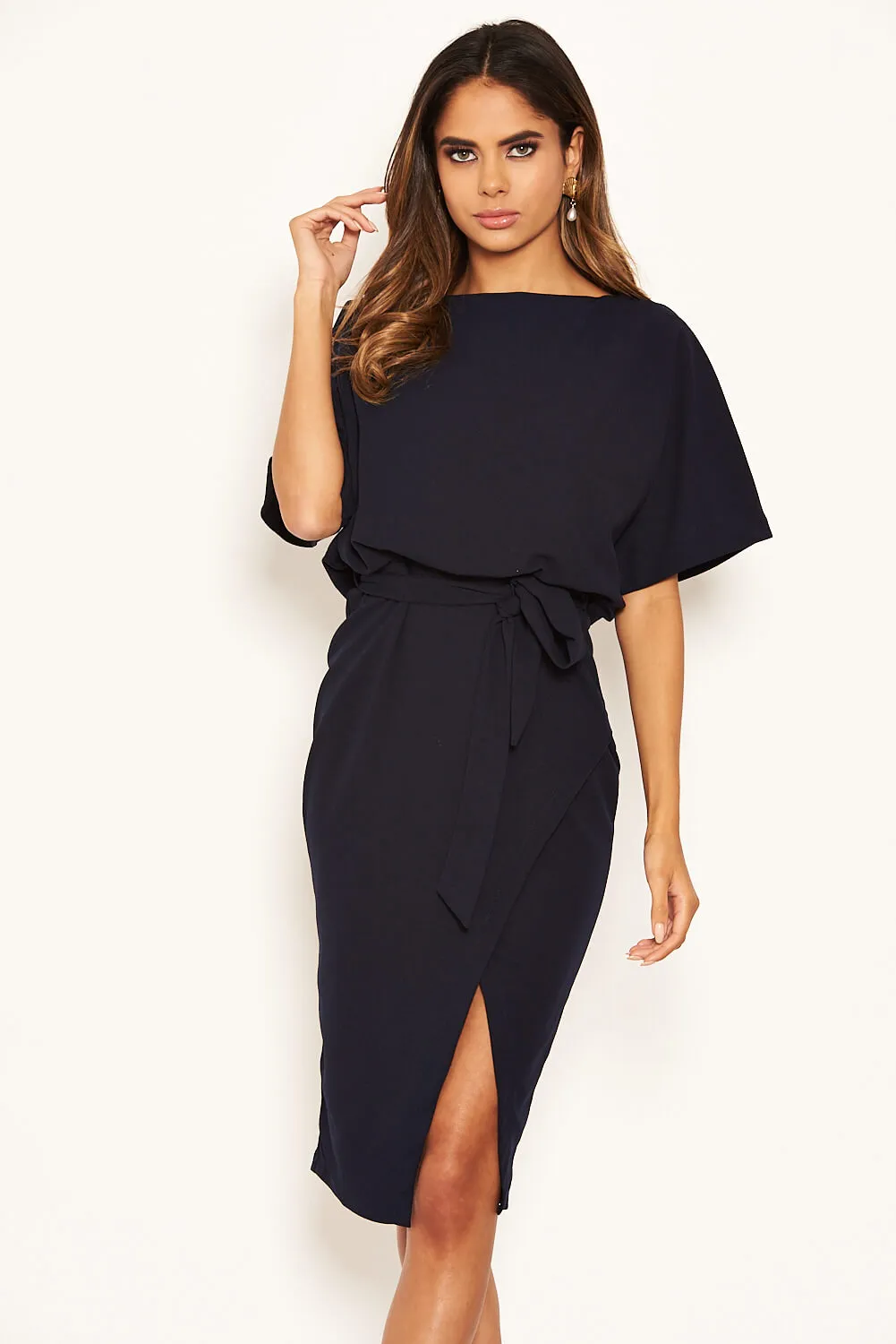 Navy Tie Waist Midi Dress