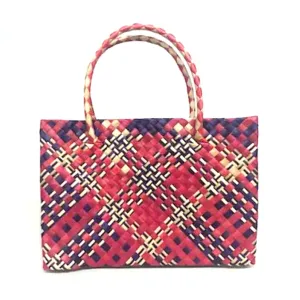 Pandan Straw Handbag - Red/Navy