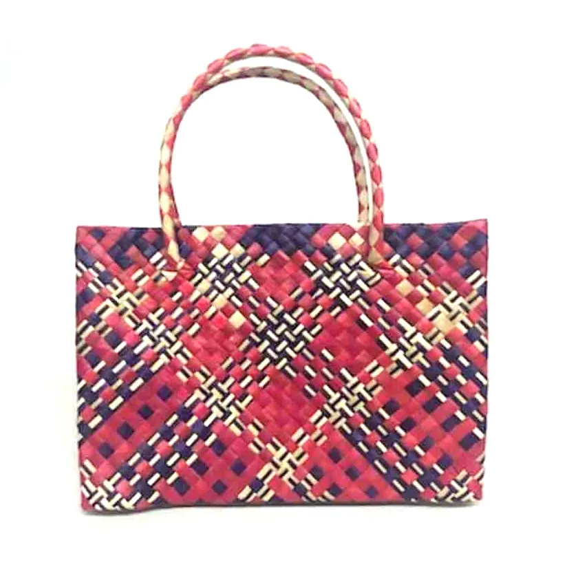 Pandan Straw Handbag - Red/Navy
