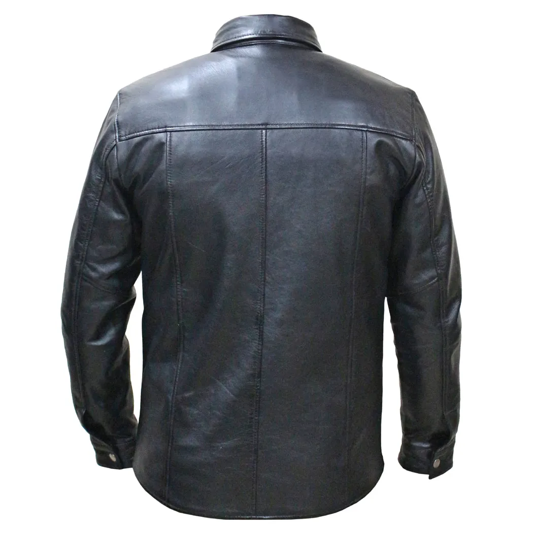 Perrini Mens Black Soft Leather Full Sleeve Button up Motorcycle Biker Dress Shirt Lined