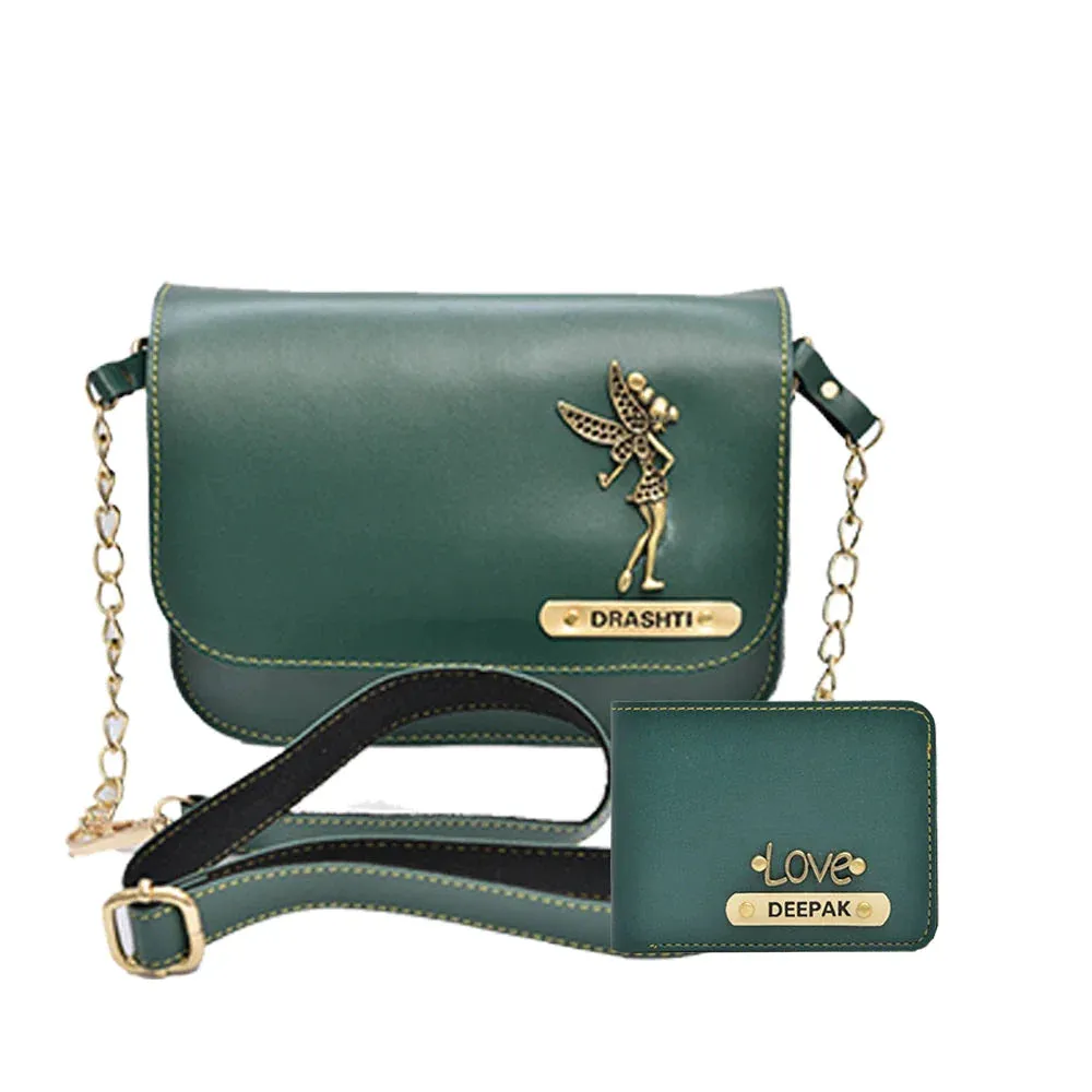 Personalized Couple's Combo : Chained Sling Bag ( Product 1 ) & Men's Wallet(Product 2) - Olive Green