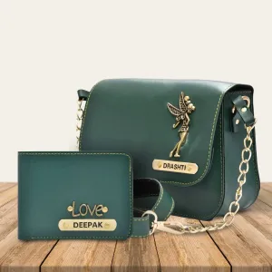 Personalized Couple's Combo : Chained Sling Bag ( Product 1 ) & Men's Wallet(Product 2) - Olive Green