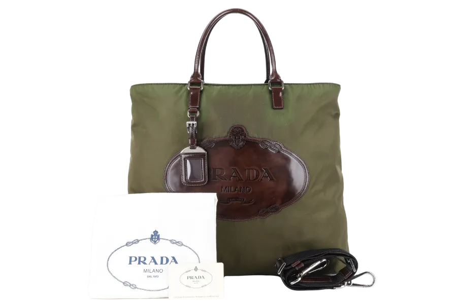 PRADA BR3227 KHAKI GREEN NYLON TOTE WITH CARD, STRAPS AND DUST COVER