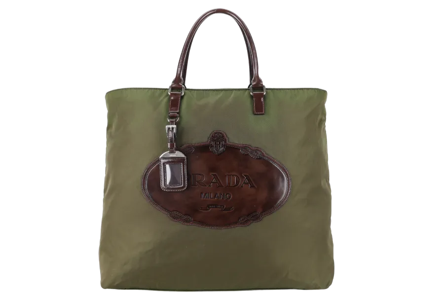 PRADA BR3227 KHAKI GREEN NYLON TOTE WITH CARD, STRAPS AND DUST COVER