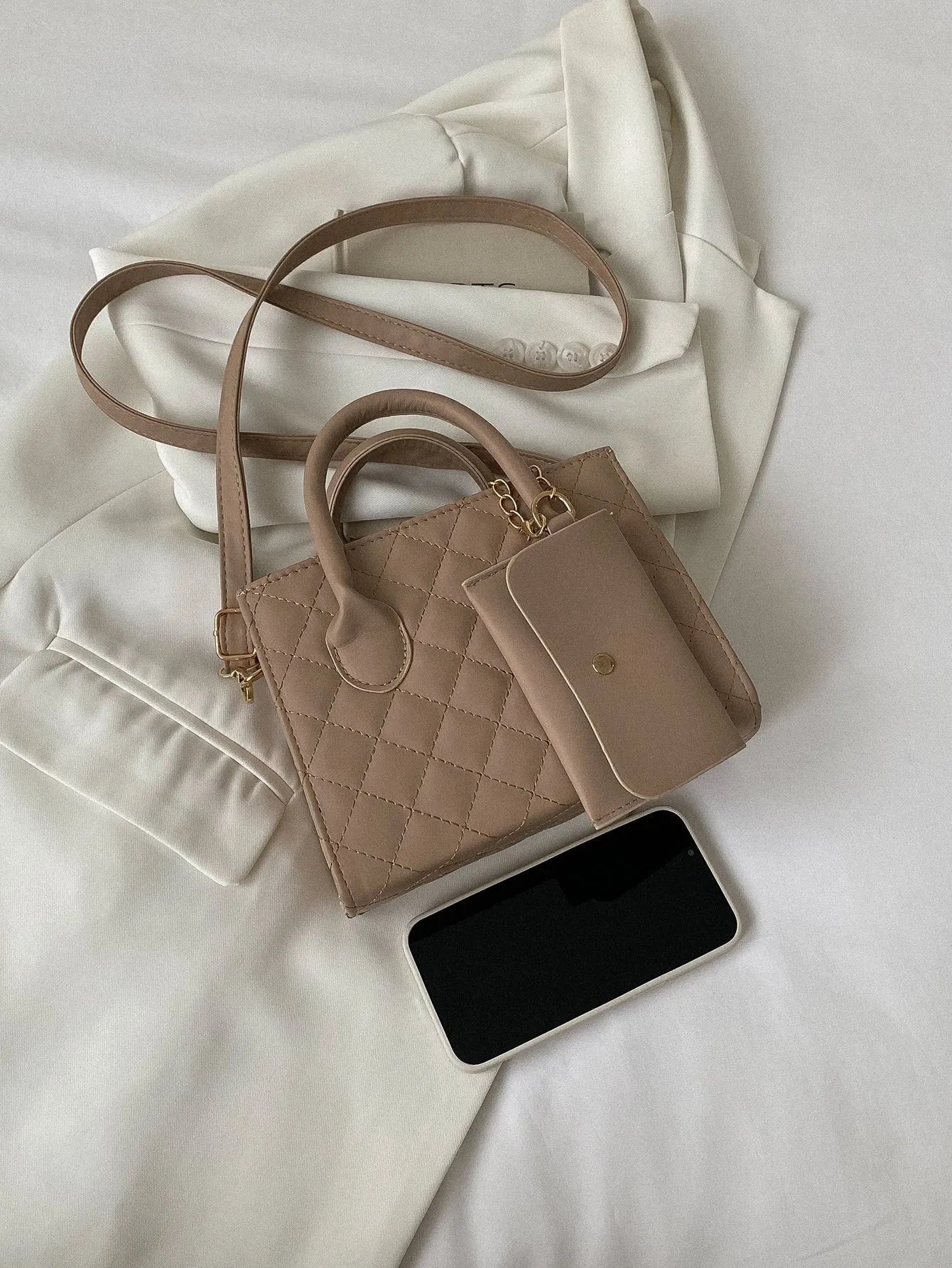 Quilted Double Handle Square Bag With Coin Purse - Khaki- FD ⚡
